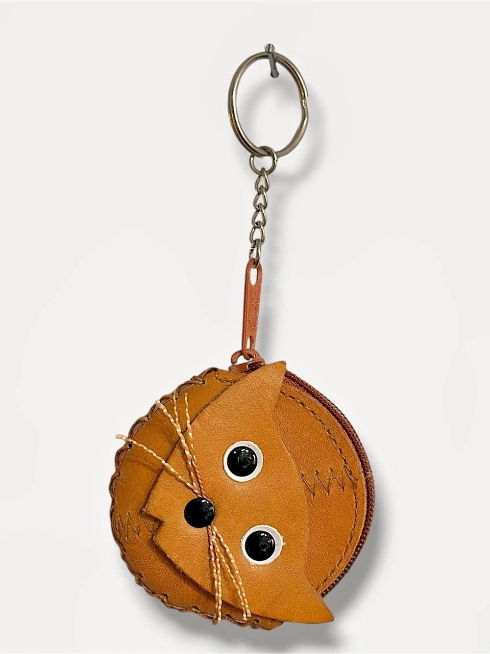 Vtg Philippine Genuine Leather Cat Coin Purse Keychain Mini Zipper Pouch
